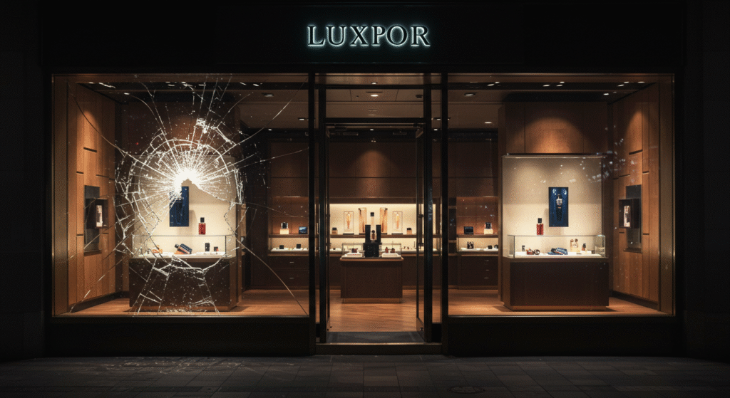 Luxury store with broken glass