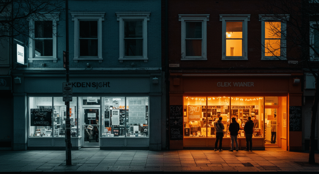 One dim store, another bright store with crowds