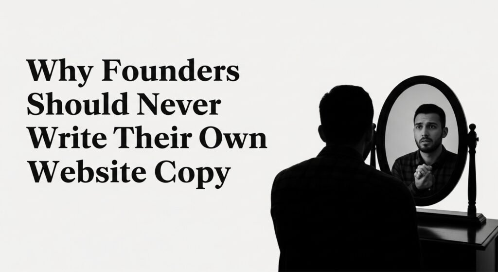 Founder looking in mirror with text saying "Why Founders should never write their own website copy"