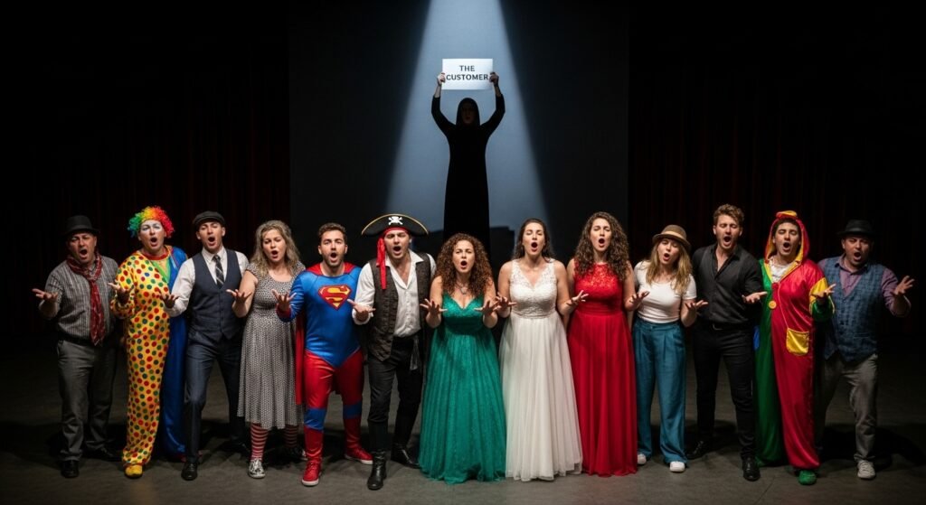 Multiple costumes with the customer in the back