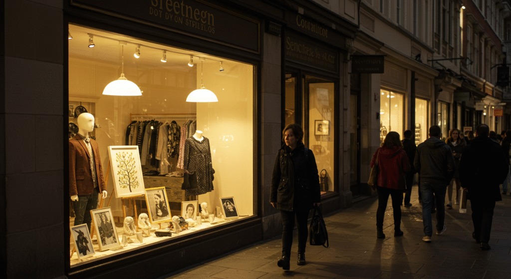 Person walking by shop at night