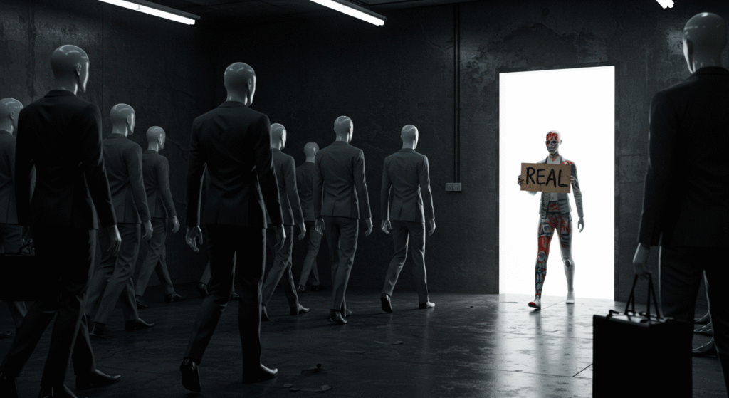 Mannequin holding a Real sign