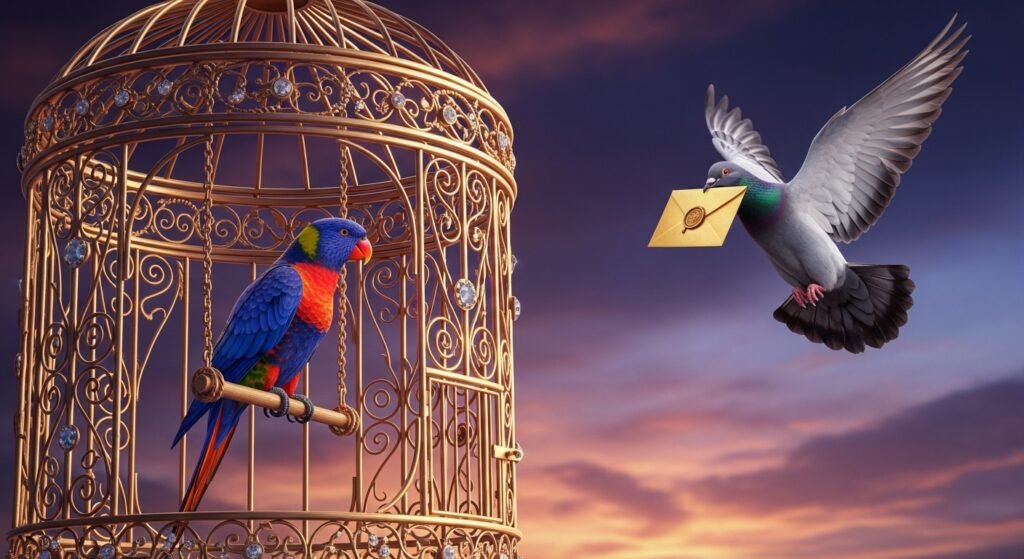 Parrot in cage with bird handing it envelope