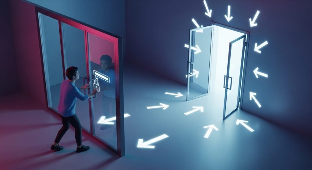 Person behind locked glass wall