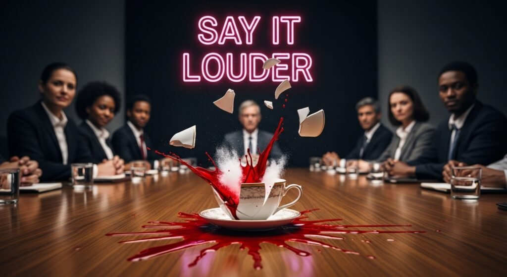 Teacup shattering in a boardroom