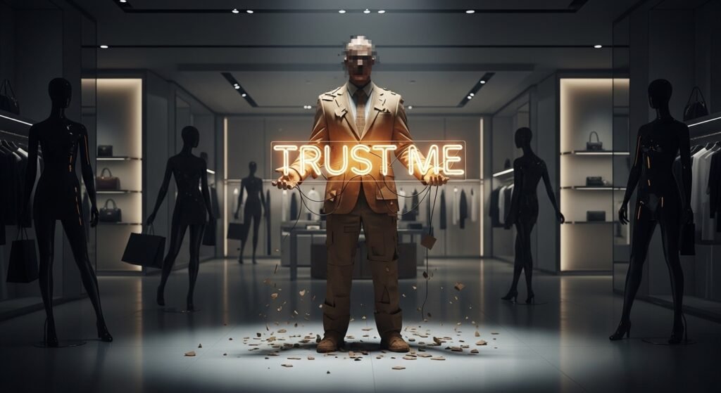 Pixelated man in suit with Trust me sign